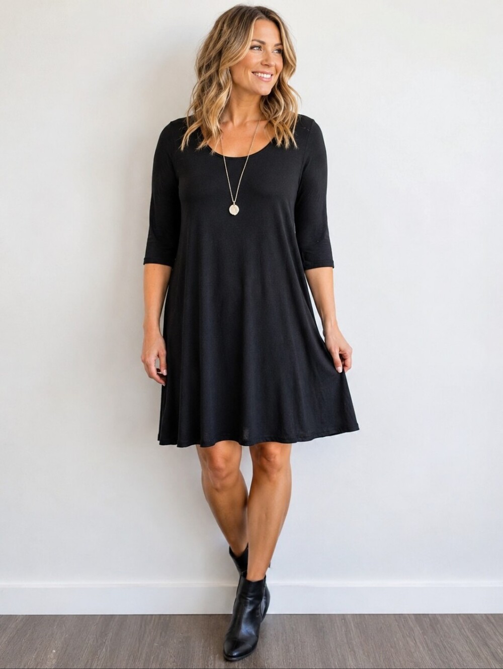 Eileen Fisher Black Stretch Rayon A-Line Tunic Dress 3/4 Sleeve L